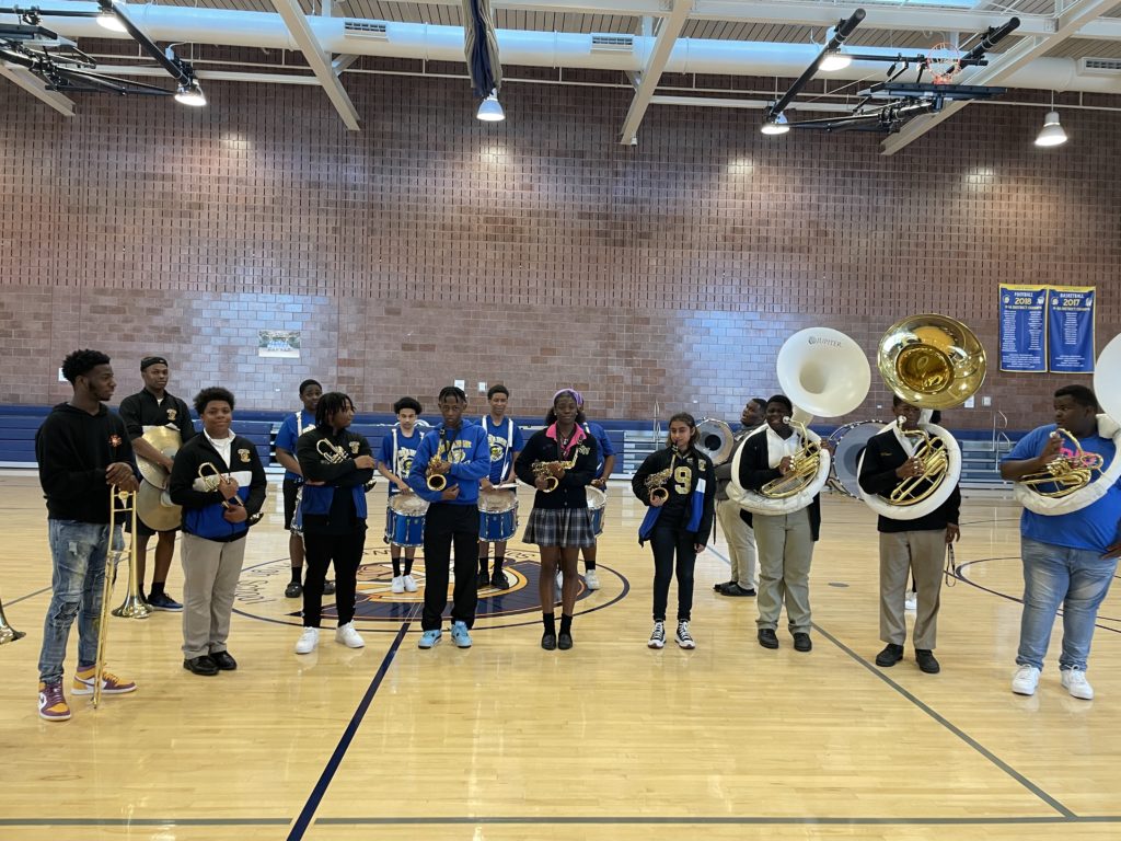 new orleans marching band in gymnasium